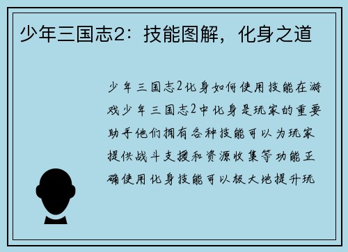 少年三国志2：技能图解，化身之道