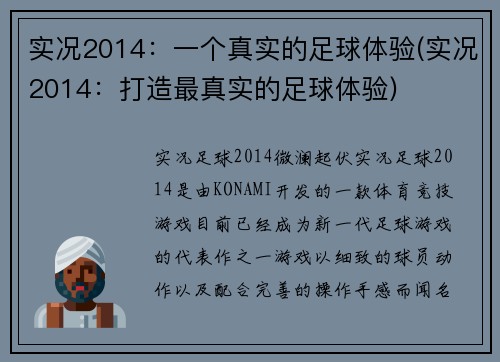 实况2014：一个真实的足球体验(实况2014：打造最真实的足球体验)